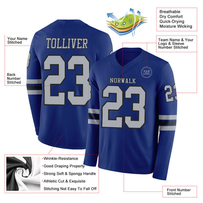 Custom Royal Gray-Black Long Sleeve Authentic Football Jersey