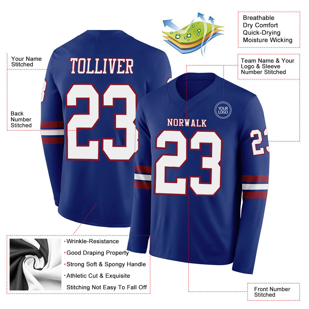 Custom Royal White-Crimson Long Sleeve Authentic Football Jersey
