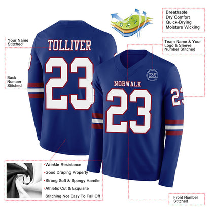 Custom Royal White-Crimson Long Sleeve Authentic Football Jersey