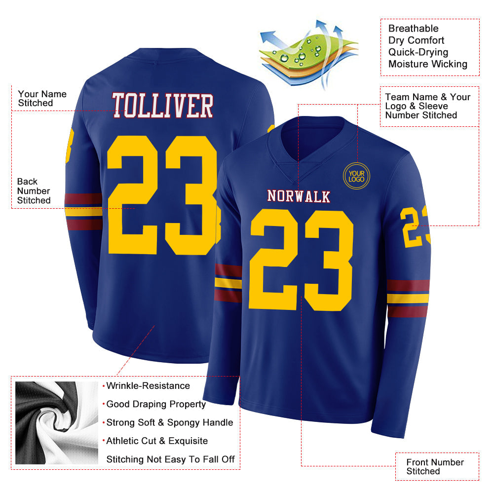 Custom Royal Yellow Crimson-White Long Sleeve Authentic Football Jersey
