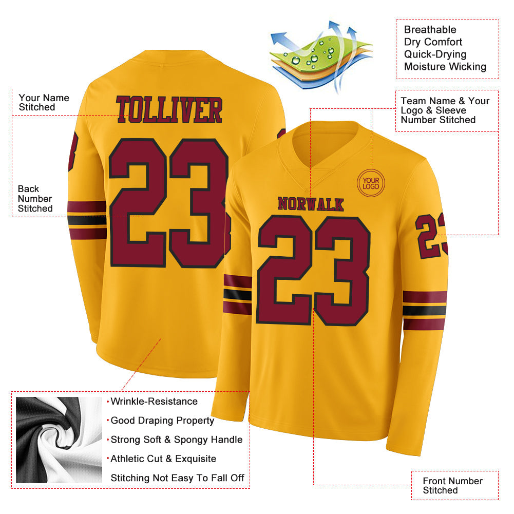 Custom Gold Crimson-Black Long Sleeve Authentic Football Jersey