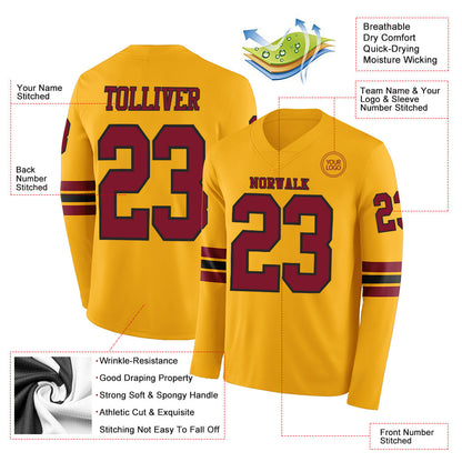 Custom Gold Crimson-Black Long Sleeve Authentic Football Jersey