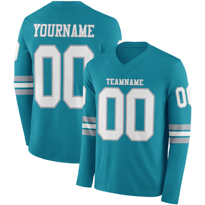 Custom Teal White-Gray Long Sleeve Authentic Football Jersey