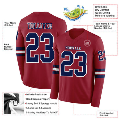 Custom Cardinal Navy-White Long Sleeve Authentic Football Jersey