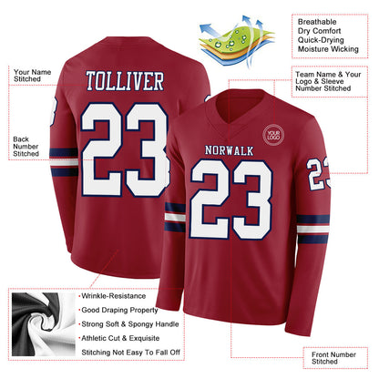 Custom Cardinal White-Navy Long Sleeve Authentic Football Jersey