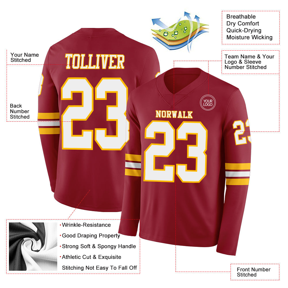 Custom Cardinal White-Gold Long Sleeve Authentic Football Jersey