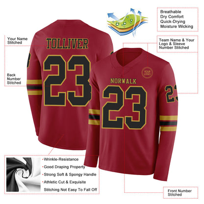 Custom Cardinal Black-Old Gold Long Sleeve Authentic Football Jersey