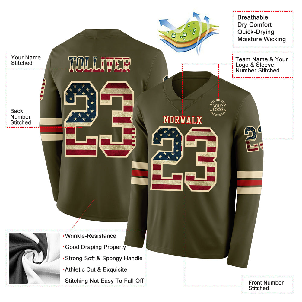 Custom Olive Vintage USA Flag Cream-Red Long Sleeve Salute To Service Authentic Football Jersey