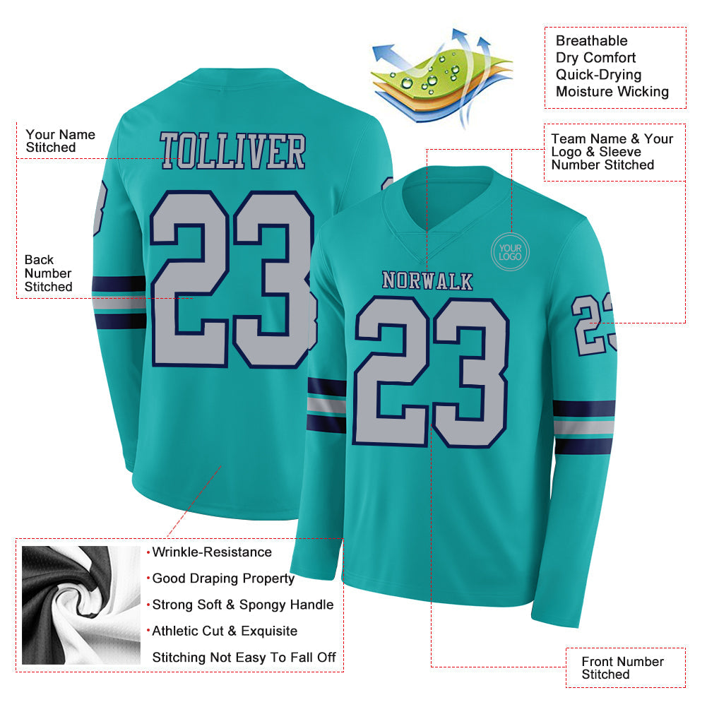 Custom Aqua Gray-Navy Long Sleeve Authentic Football Jersey