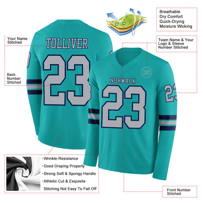 Custom Aqua Gray-Navy Long Sleeve Authentic Football Jersey