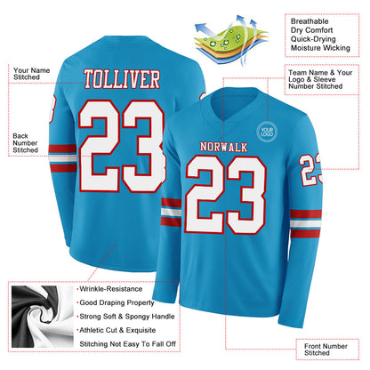 Custom Panther Blue White-Red Long Sleeve Authentic Football Jersey