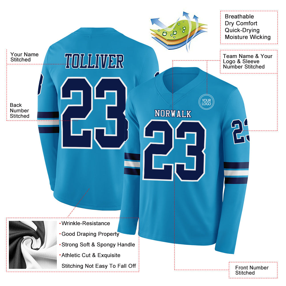 Custom Panther Blue Navy-White Long Sleeve Authentic Football Jersey