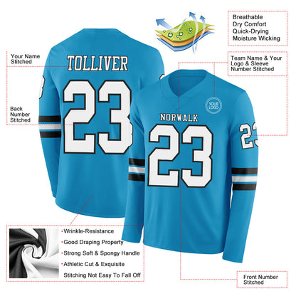 Custom Panther Blue White-Black Long Sleeve Authentic Football Jersey