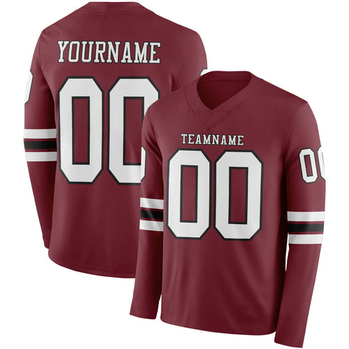 Custom Burgundy White-Black Long Sleeve Authentic Football Jersey