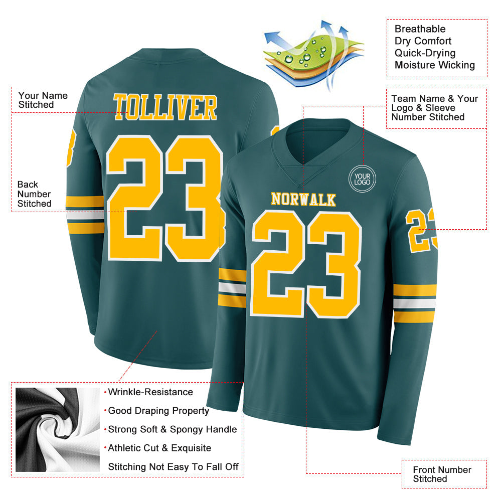 Custom Midnight Green Gold-White Long Sleeve Authentic Football Jersey