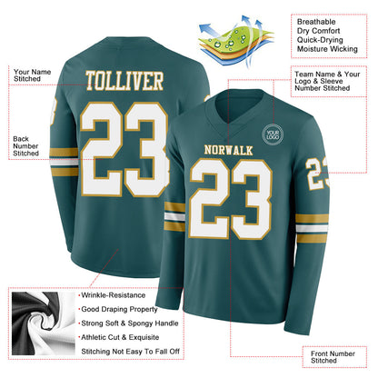 Custom Midnight Green White-Old Gold Long Sleeve Authentic Football Jersey