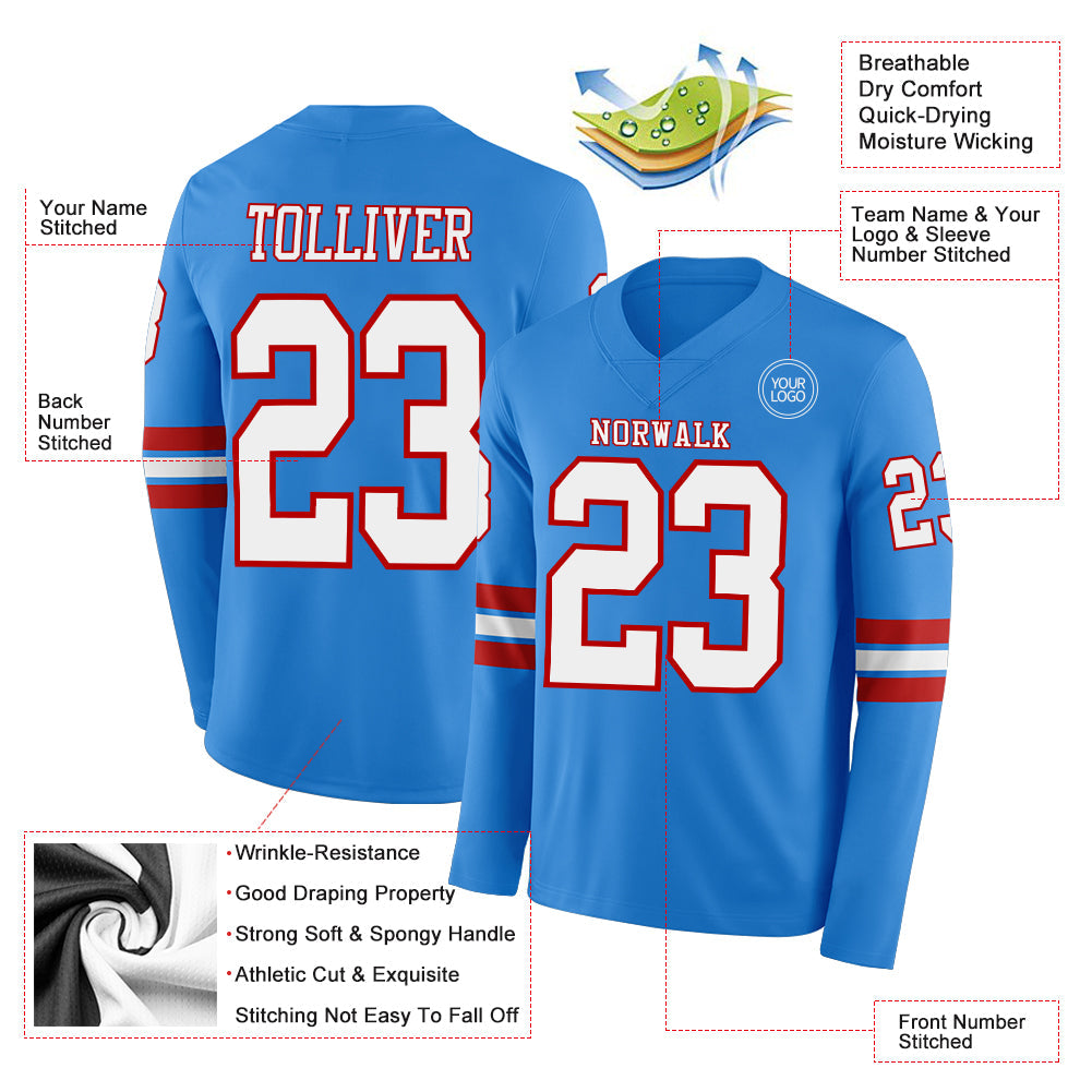 Custom Powder Blue White-Red Long Sleeve Authentic Football Jersey