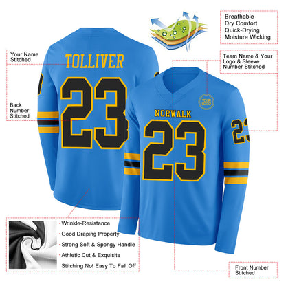 Custom Powder Blue Black-Gold Long Sleeve Authentic Football Jersey