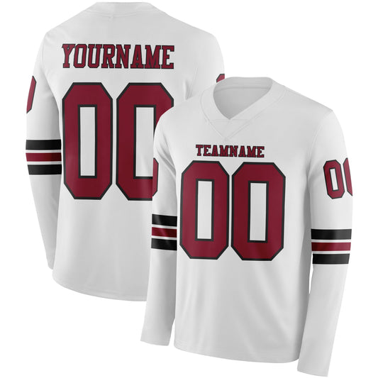 Custom White Crimson-Black Long Sleeve Authentic Football Jersey
