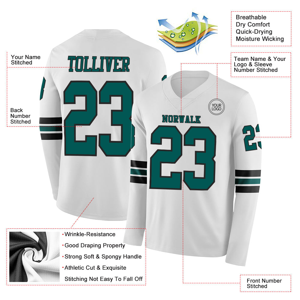 Custom White Midnight Green-Black Long Sleeve Authentic Football Jersey