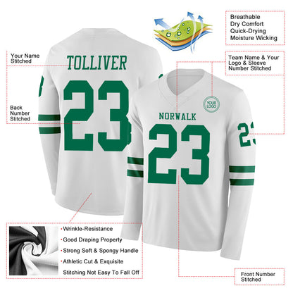 Custom White Kelly Green Long Sleeve Authentic Football Jersey