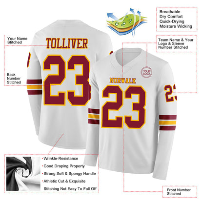 Custom White Crimson-Gold Long Sleeve Authentic Football Jersey