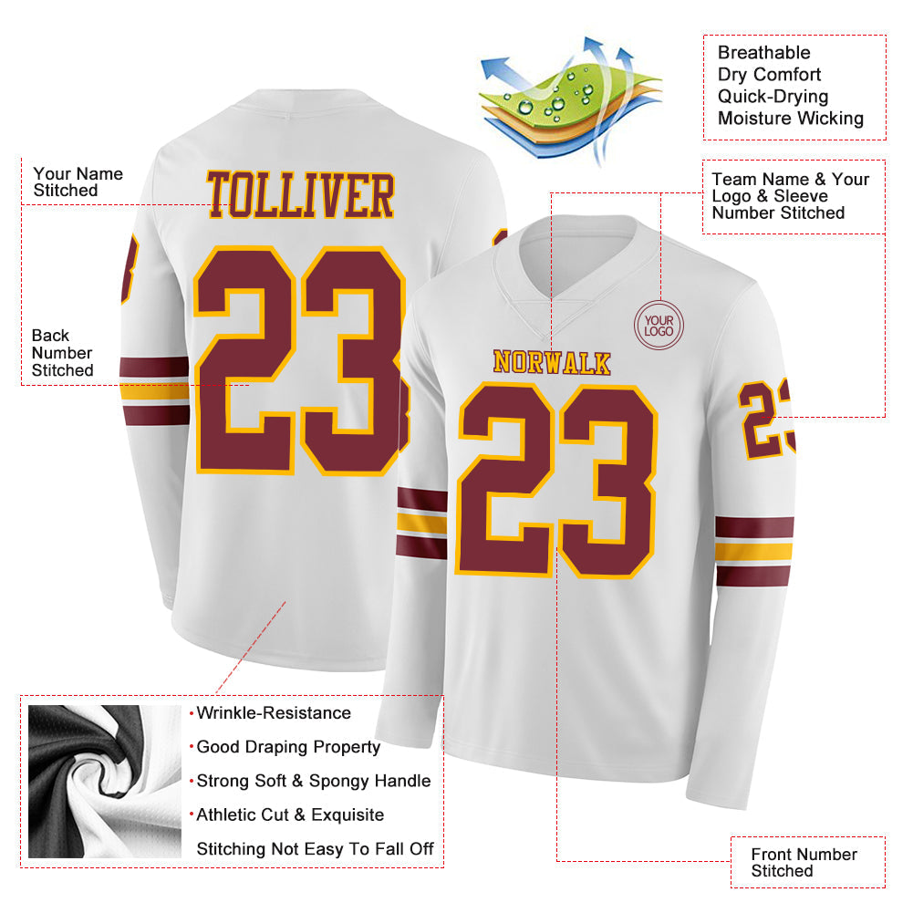 Custom White Burgundy-Gold Long Sleeve Authentic Football Jersey
