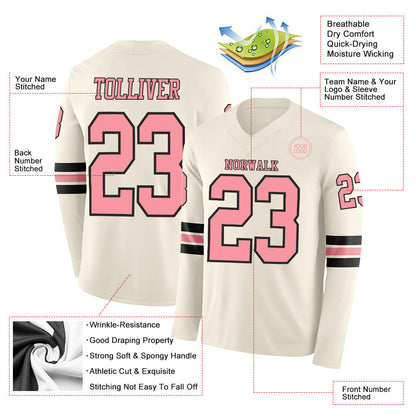 Custom Cream Medium Pink-Black Long Sleeve Authentic Football Jersey