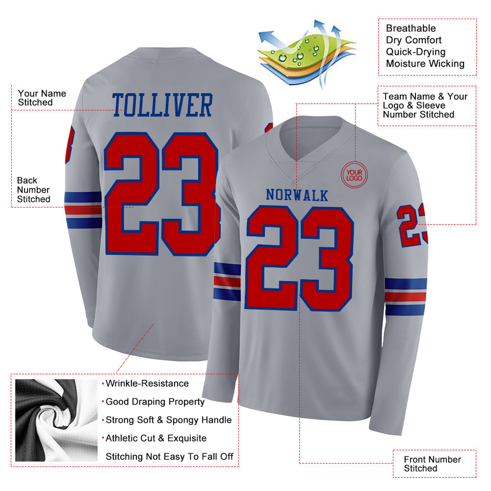 Custom Gray Red-Royal Long Sleeve Authentic Football Jersey
