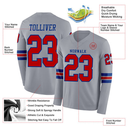 Custom Gray Red-Royal Long Sleeve Authentic Football Jersey