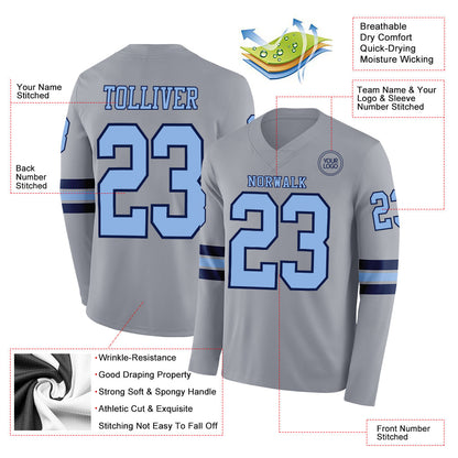 Custom Gray Light Blue-Navy Long Sleeve Authentic Football Jersey