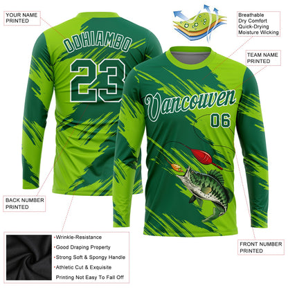 Custom Neon Green Kelly Green-White Fishing Bass Fish Long Sleeve Performance T-Shirt