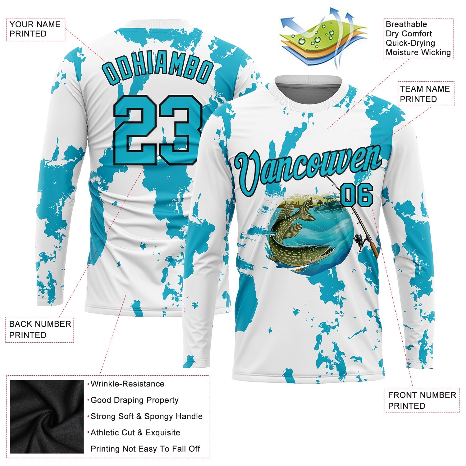 Custom White Lakes Blue-Black Fishing Bass Fish Long Sleeve Performance T-Shirt