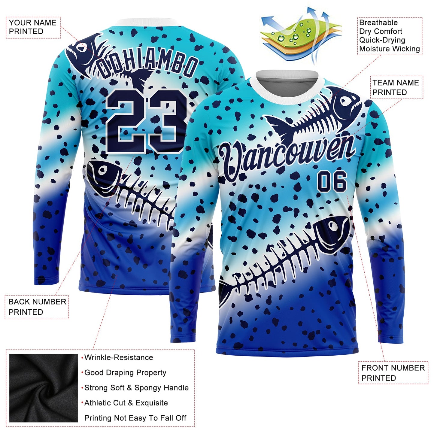 Custom Lakes Blue Navy Thunder Blue-White Fishing Fish Bone Gradient Long Sleeve Performance T-Shirt
