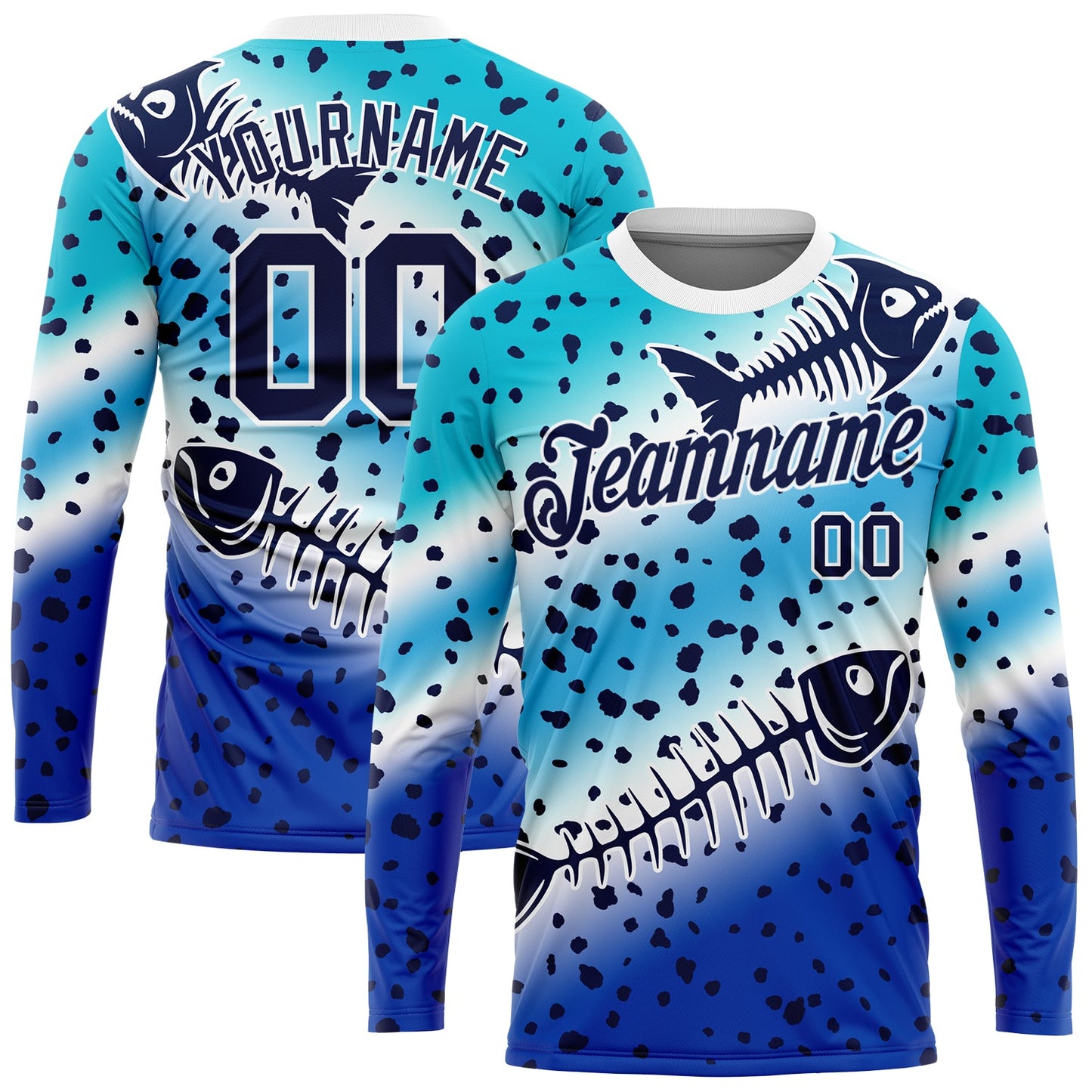 Custom Lakes Blue Navy Thunder Blue-White Fishing Fish Bone Gradient Long Sleeve Performance T-Shirt