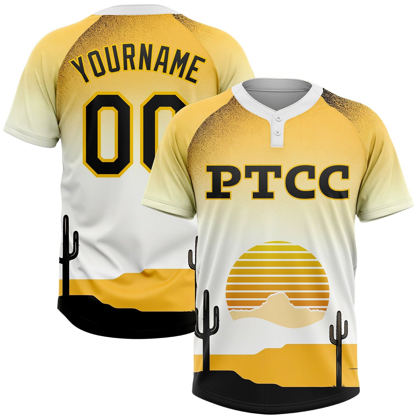 Custom White Black-Yellow PTCC Two-Button Unisex Softball Jersey