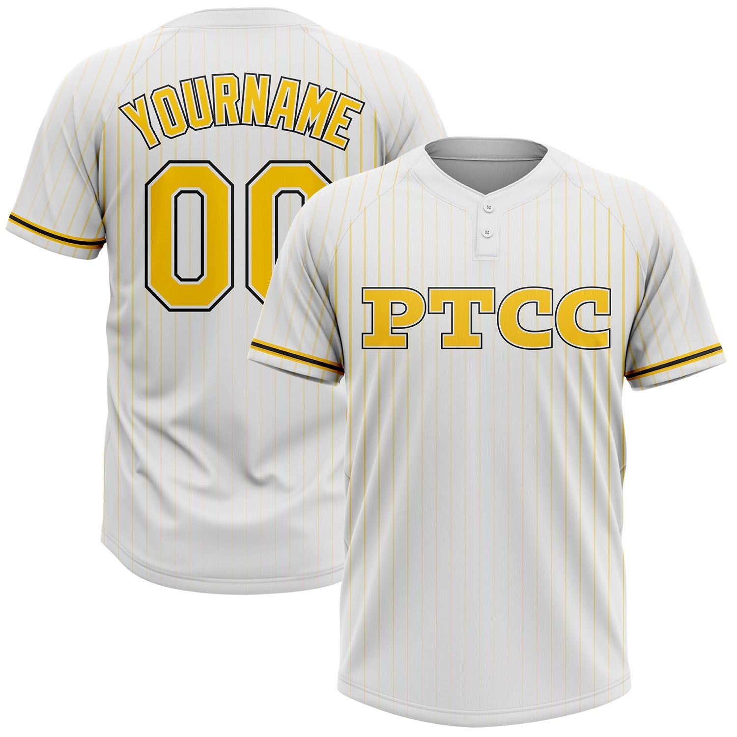 Custom White Pinstripe Yellow-Black PTCC Two-Button Unisex Softball Jersey