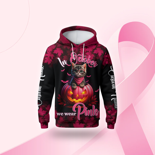 In October We Wear Pink Cat Hoodie – Halloween Pumpkin Breast Cancer Awareness Sweatshirt, Custom Choo
