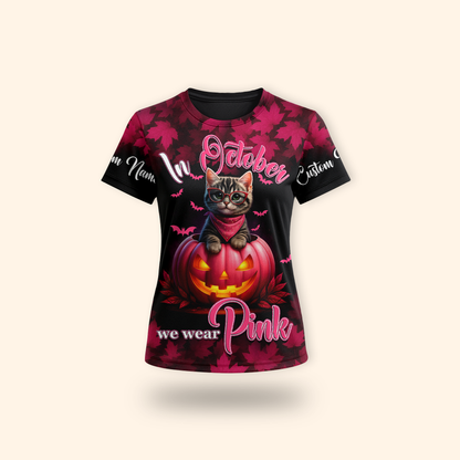In October We Wear Pink Cat Hoodie – Halloween Pumpkin Breast Cancer Awareness Sweatshirt, Custom Choo