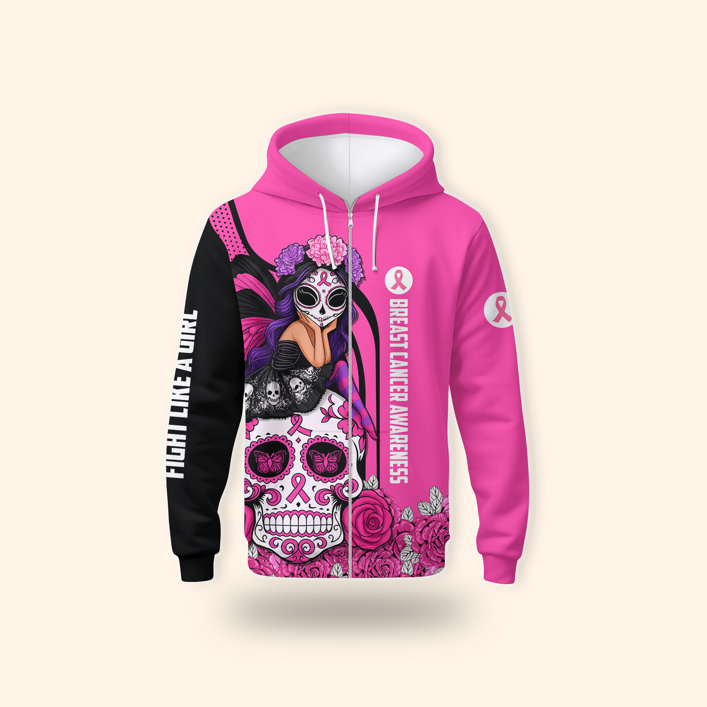 Breast Cancer Awareness Gothic Fairy on Sugar Skull "Fight Like A Girl"