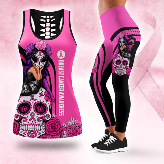 Breast Cancer Awareness Gothic Fairy on Sugar Skull "Fight Like A Girl"  Combo Legging + Tanktop, Custom Choo