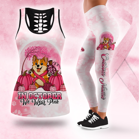 Breast Cancer Awareness Corgi Custom Name Tank Top & Leggings, Custom Choo