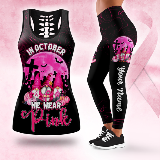 Personalized "In October We Wear Pink" Gnomes Leggings and Tank Top Set, Custom Choo