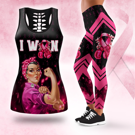 "I Won" Pink Ribbon Fighter Rosie the Riveter Leggings and Tank Outfit, Custom Choo