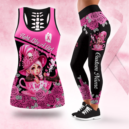 Personalized "Fight Like A Girl" Breast Cancer Awareness Hollow Tank Top and Leggings Set, Custom Choo
