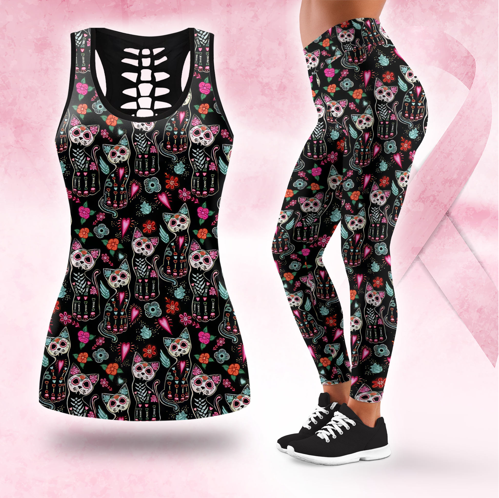 Sugar Skull Cat Leggings & Tank Top Set – Day of the Dead Workout Outfit for Women, Custom Choo