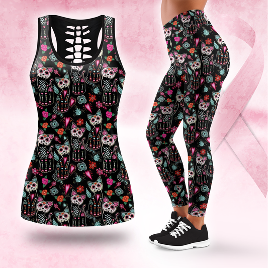 Sugar Skull Cat Leggings & Tank Top Set – Day of the Dead Workout Outfit for Women, Custom Choo