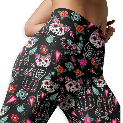Sugar Skull Cat Leggings & Tank Top Set – Day of the Dead Workout Outfit for Women, Custom Choo