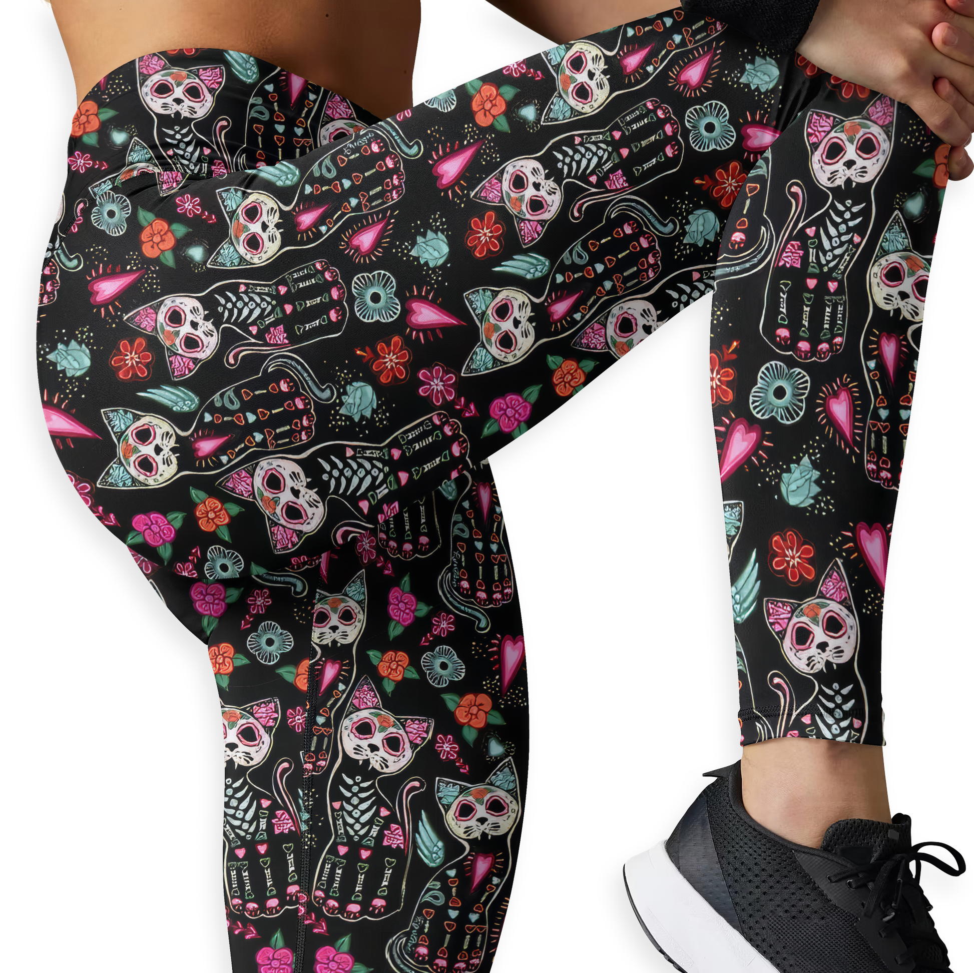 Sugar Skull Cat Leggings & Tank Top Set – Day of the Dead Workout Outfit for Women, Custom Choo