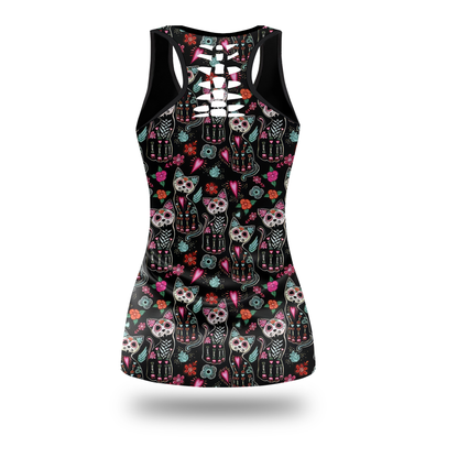 Sugar Skull Cat Leggings & Tank Top Set – Day of the Dead Workout Outfit for Women, Custom Choo